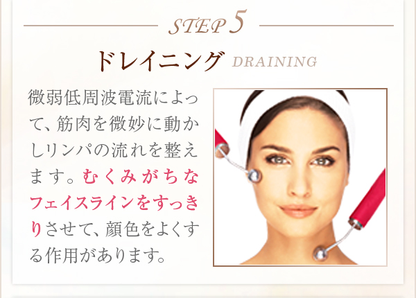 STEP5ドレイニングDRAINING微弱低周波電流によって、筋肉を微妙に動かしリンパの流れを整えます。むくみがちなフェイスラインをすっきりさせて、顔色をよくする作用があります。